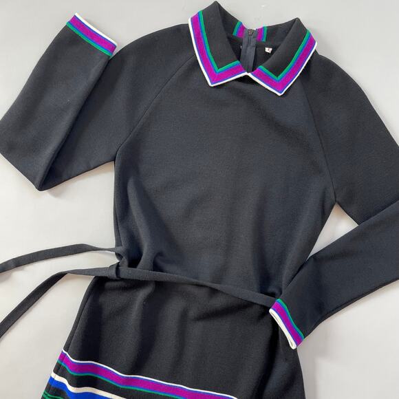 60s 70s Knit A-Line Dress Stripes Collar Same Fabric belt Raglan Sleeve Size 8 - Picture 7 of 9